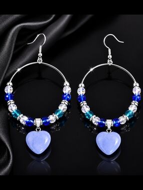 Stylish Blue & Aqua Heart Hoop Earrings Hand Crafted